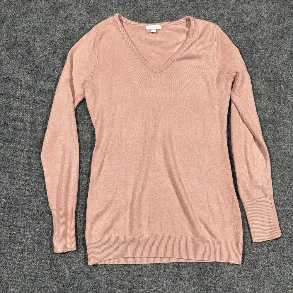 New York & Company Womens Rose Pink Metallic V-Neck Sweater Size M Long Sleeve